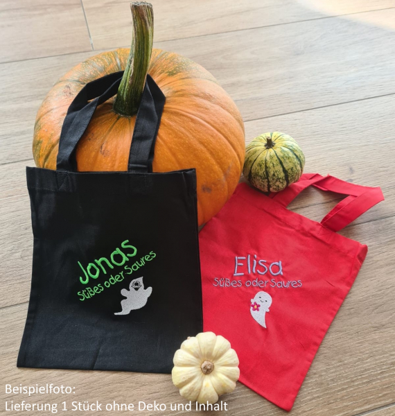 Preview: Kleine Baumwolltasche (Freundebuch, Halloween...) mit Namen & Motiv bestickt